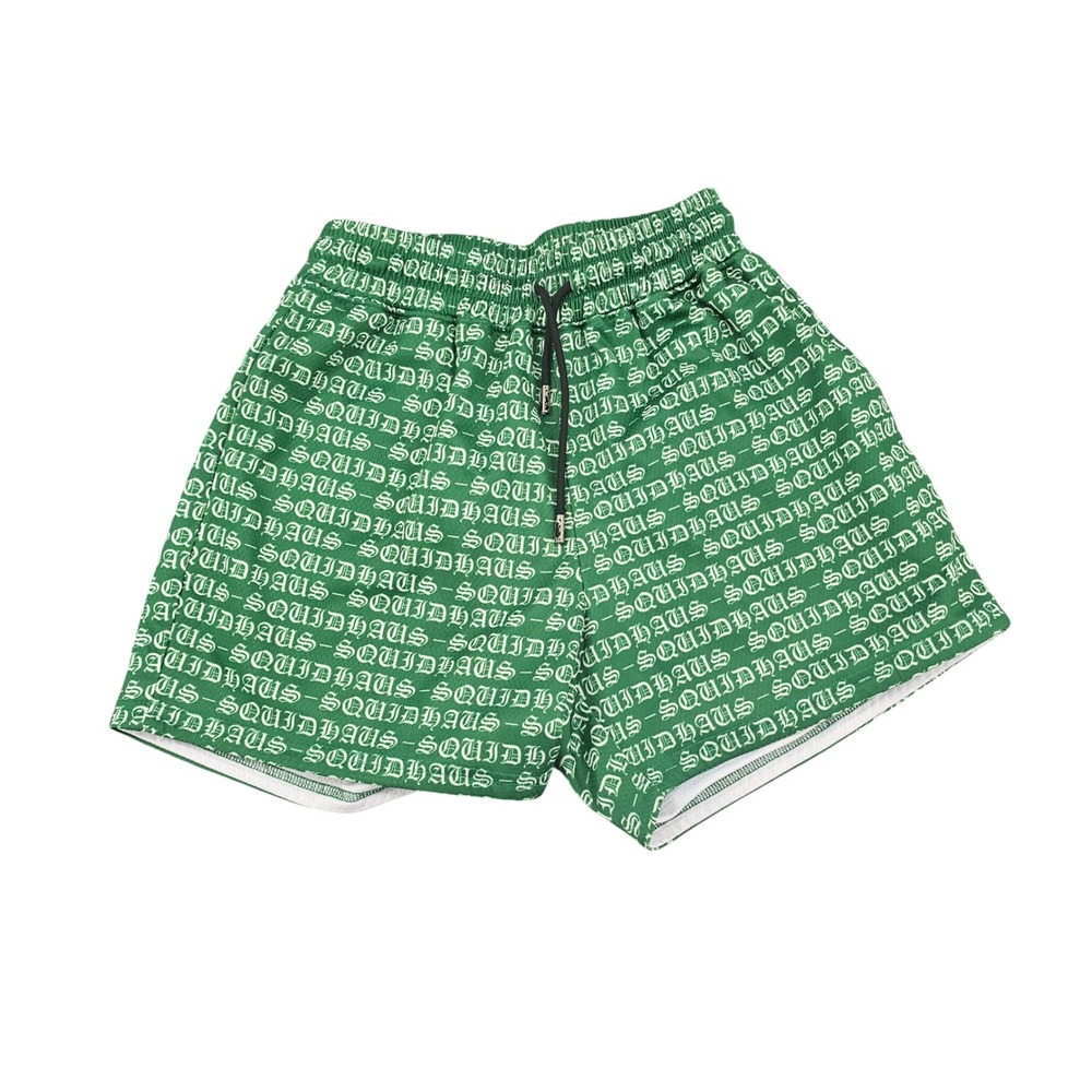 Squidhaus Mens Green Gothic Script Logo Mesh Lined Athletic Gym Shorts Large